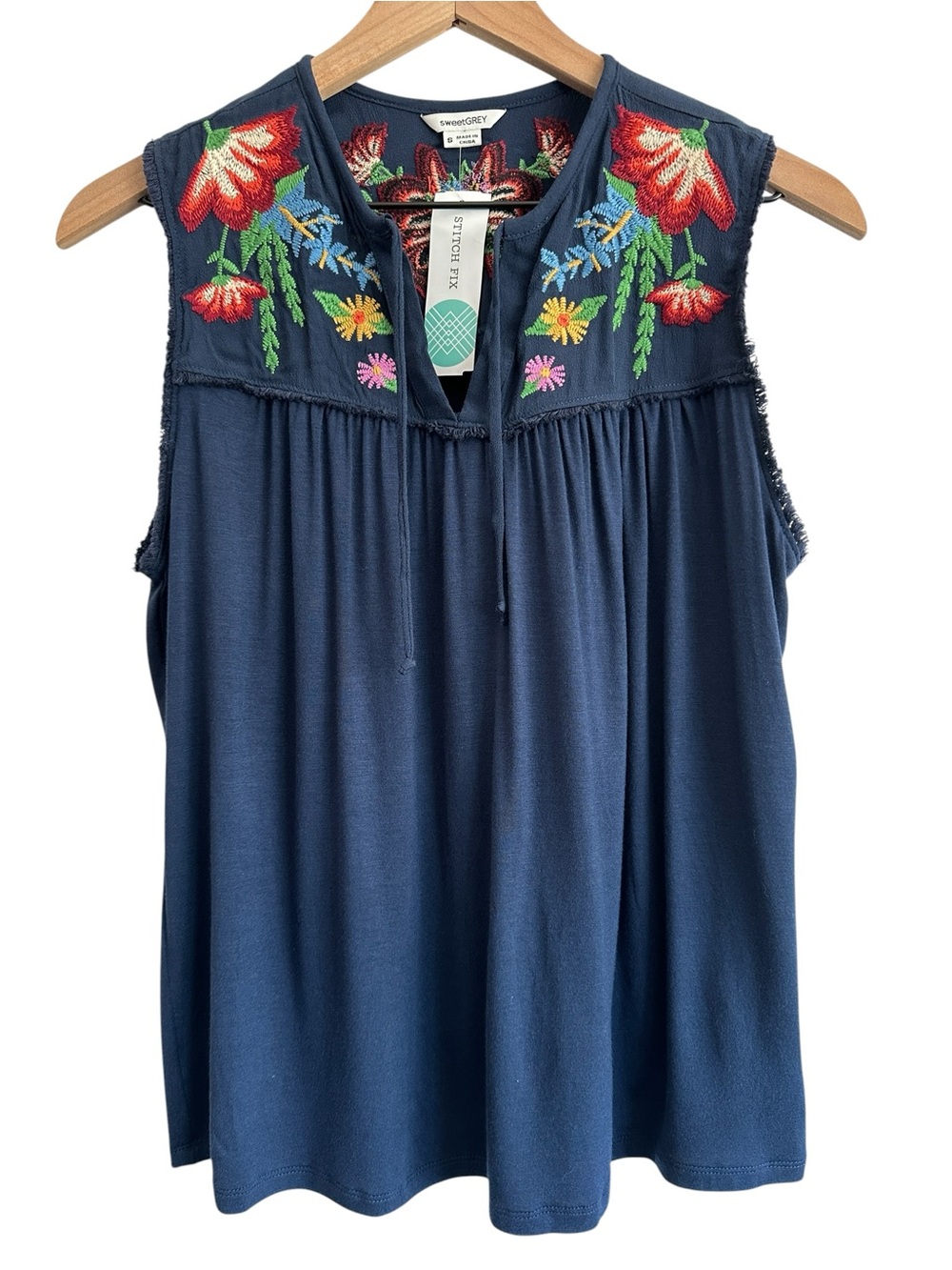 sweetGREY Navy Embroidered Sleeveless Luiz Top Small Boho Flowy Festival New